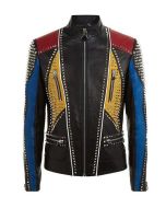 MEN'S STUDDED SLIMFIT MULTICOLOR LEATHER JACKET