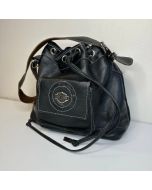 Harley Davidson Leather Bucket Bag with Silver Accents and drawstring
