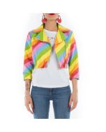 Italian handmade Women genuine soft lambskin leather trendy pride cropped biker jacket slim fit color RAINBOW MULTICOLOR
