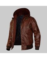 Mens Motorcycle Café Racer Brown Leather Jacket with Removable Hood - Handmade Slim fit Brown Hooded Bomber Leather Jacket for Men