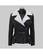 Women Handmade Slim fit Lambskin Black Leather Coat Women with White Sherpa Shearling