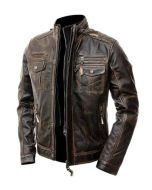 Mens Distressed Motorcycle Leather Jacket - Double Pocket Handmade Brown Leather Jacket For Men